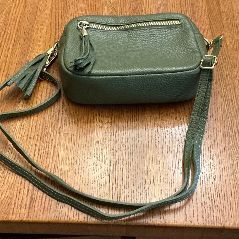 Olive Green Pebbled Leather Crossbody with Tassel Zip